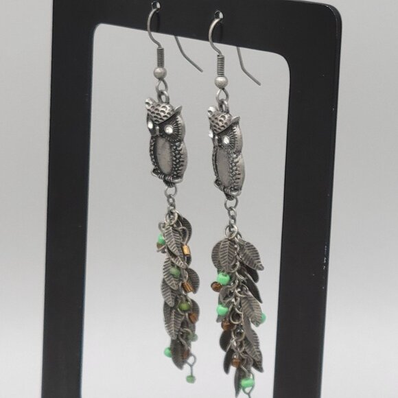 Silver Tone Owl Dangle Earrings With Beads & Leaf Charms Fish Hook 4 in Length - Picture 4 of 7